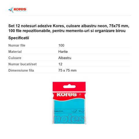 Set 12 notesuri adezive Kores, culoare albastru neon, 75x75 mm, 100 file repozitionabile, pentru memento-uri si organizare birou [2]