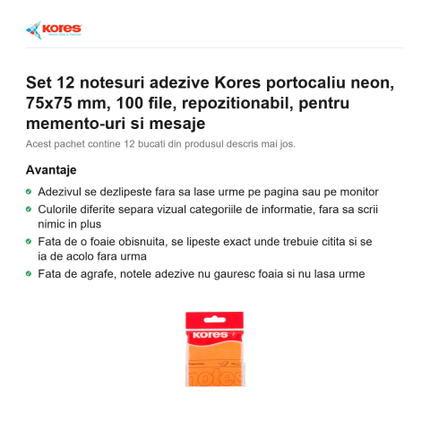 Set 12 notesuri adezive Kores portocaliu neon, 75x75 mm, 100 file, repozitionabil, pentru memento-uri si mesaje [1]