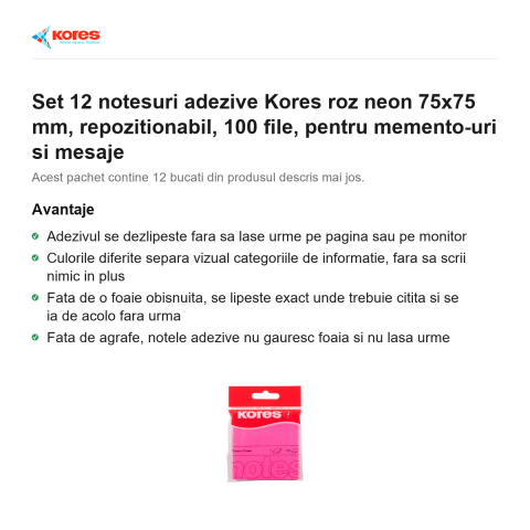 Set 12 notesuri adezive Kores roz neon 75x75 mm, repozitionabil, 100 file, pentru memento-uri si mesaje [1]