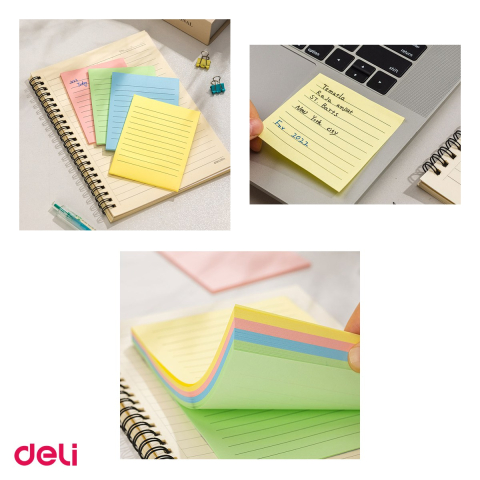 Set 12 notesuri adezive liniate Deli, 4 culori pastel asortate, 76 x 126 mm, 100 file, pentru birou si acasa [3]