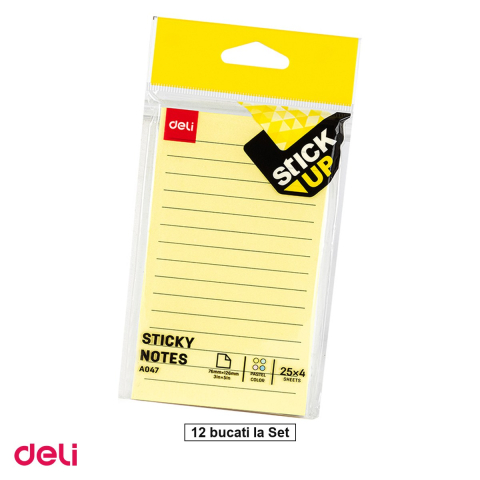 Cuburi hartie si note adezive - Set 12 notesuri adezive liniate Deli, 4 culori pastel asortate, 76 x 126 mm, 100 file, pentru birou si acasa