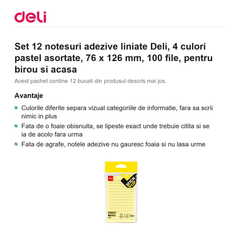 Set 12 notesuri adezive liniate Deli, 4 culori pastel asortate, 76 x 126 mm, 100 file, pentru birou si acasa [1]