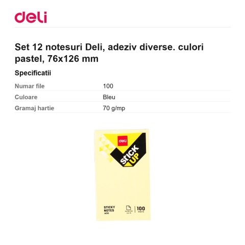 Set 12 notesuri Deli, adeziv diverse. culori pastel, 76x126 mm [2]
