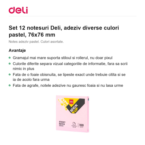 Set 12 notesuri Deli, adeziv diverse culori pastel, 76x76 mm [1]