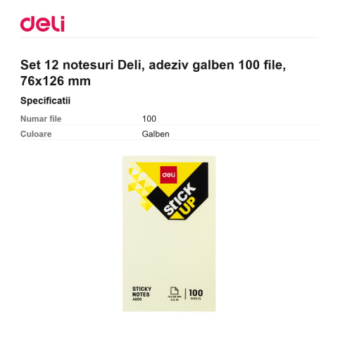 Set 12 notesuri Deli, adeziv galben 100 file, 76x126 mm [2]