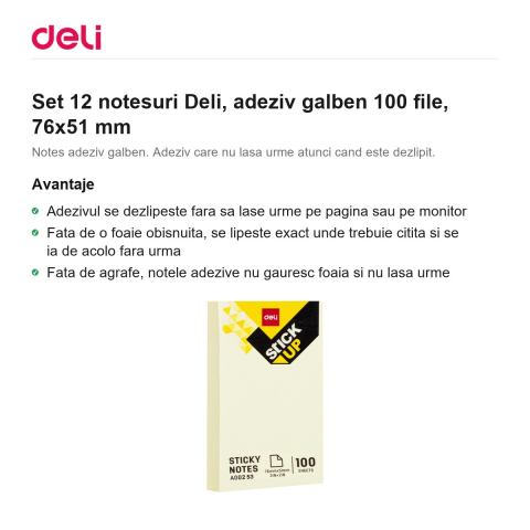 Set 12 notesuri Deli, adeziv galben 100 file, 76x51 mm [1]