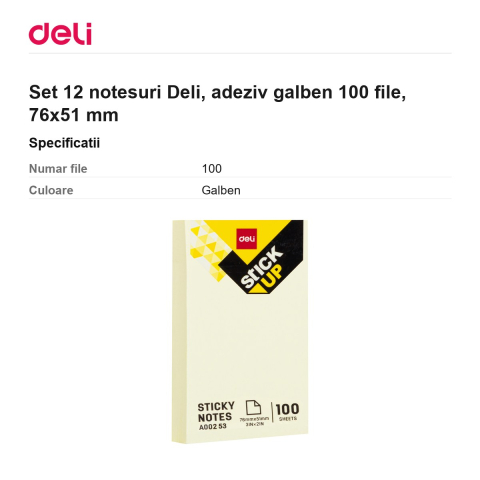 Set 12 notesuri Deli, adeziv galben 100 file, 76x51 mm [2]