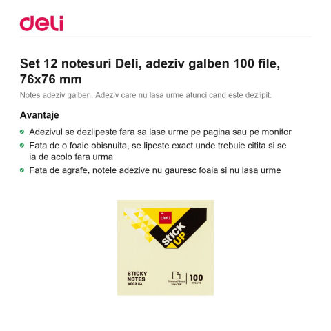 Set 12 notesuri Deli, adeziv galben 100 file, 76x76 mm [1]