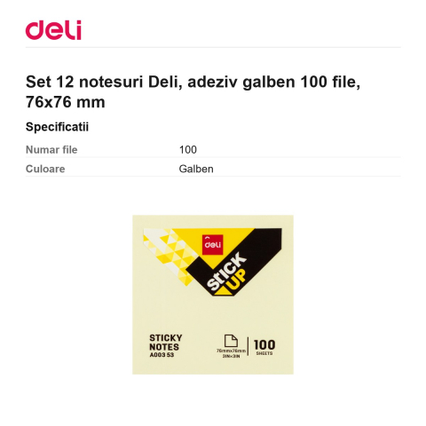 Set 12 notesuri Deli, adeziv galben 100 file, 76x76 mm [2]