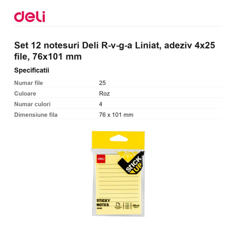Set 12 notesuri Deli R-v-g-a Liniat, adeziv 4x25 file, 76x101 mm [2]