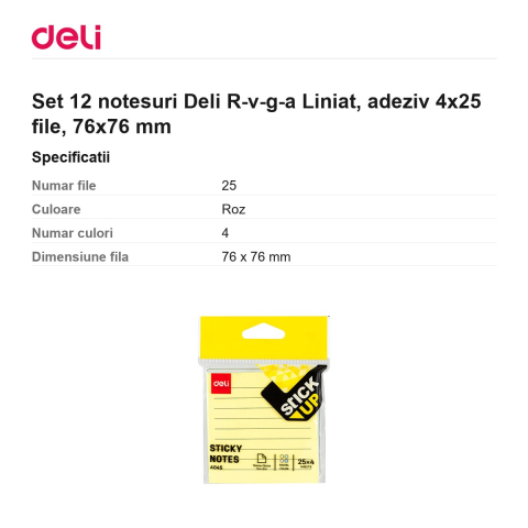 Set 12 notesuri Deli R-v-g-a Liniat, adeziv 4x25 file, 76x76 mm [2]