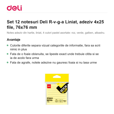 Set 12 notesuri Deli R-v-g-a Liniat, adeziv 4x25 file, 76x76 mm [1]