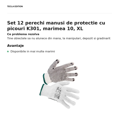 Set 12 perechi manusi de protectie cu picouri K301, marimea 10, XL [1]