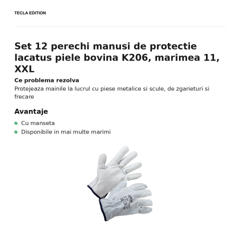 Set 12 perechi manusi de protectie lacatus piele bovina K206, marimea 11, XXL [1]