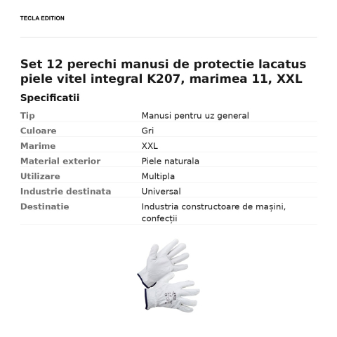 Set 12 perechi manusi de protectie lacatus piele vitel integral K207, marimea 11, XXL [2]