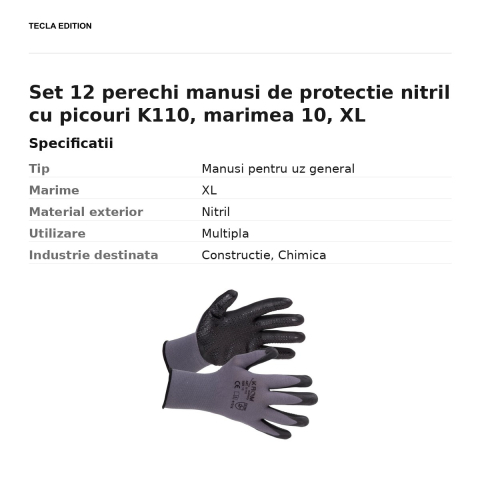 Set 12 perechi manusi de protectie nitril cu picouri K110, marimea 10, XL [2]