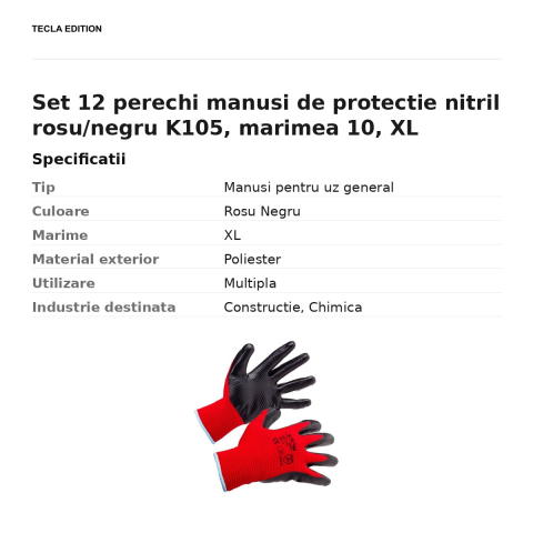 Set 12 perechi manusi de protectie nitril rosu/negru K105, marimea 10, XL [2]