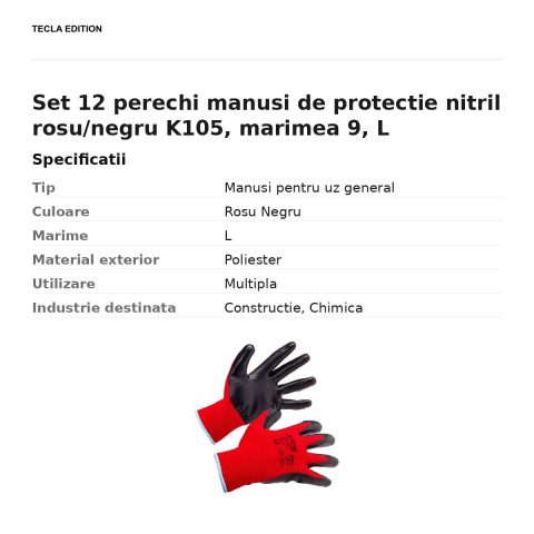 Set 12 perechi manusi de protectie nitril rosu/negru K105, marimea 9, L [2]