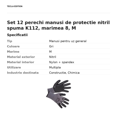 Set 12 perechi manusi de protectie nitril spuma K112, marimea 8, M [2]
