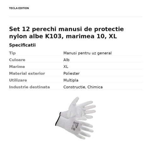 Set 12 perechi manusi de protectie nylon albe K103, marimea 10, XL [2]