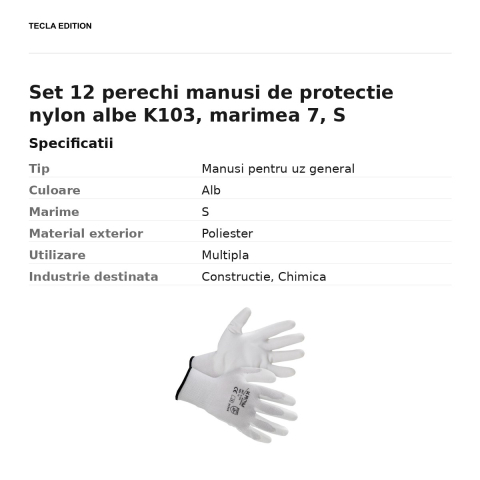 Set 12 perechi manusi de protectie nylon albe K103, marimea 7, S [2]