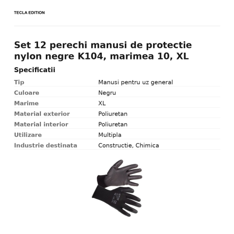 Set 12 perechi manusi de protectie nylon negre K104, marimea 10, XL [2]