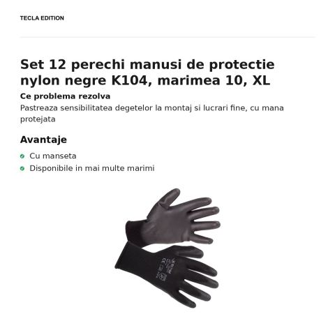 Set 12 perechi manusi de protectie nylon negre K104, marimea 10, XL [1]