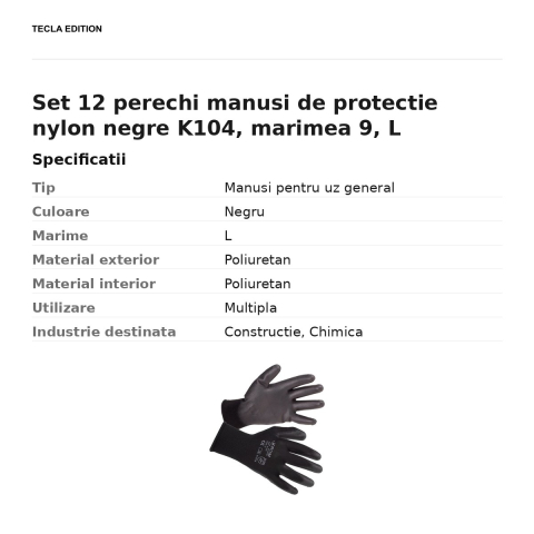 Set 12 perechi manusi de protectie nylon negre K104, marimea 9, L [2]