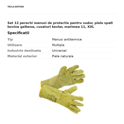 Set 12 perechi manusi de protectie pentru sudor, piele spalt bovina galbena, cusaturi kevlar, marimea 11, XXL [2]