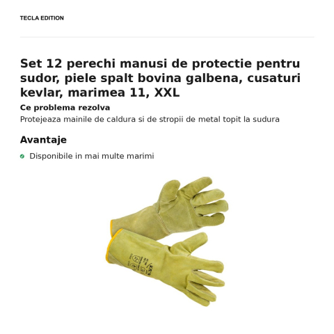 Set 12 perechi manusi de protectie pentru sudor, piele spalt bovina galbena, cusaturi kevlar, marimea 11, XXL [1]