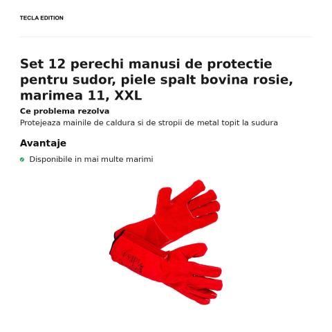 Set 12 perechi manusi de protectie pentru sudor, piele spalt bovina rosie, marimea 11, XXL [1]