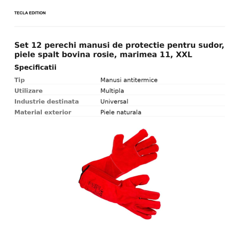 Set 12 perechi manusi de protectie pentru sudor, piele spalt bovina rosie, marimea 11, XXL [2]