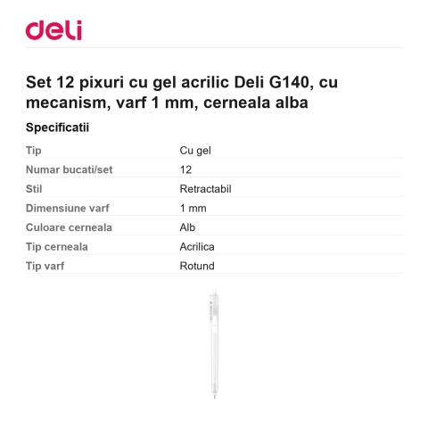 Set 12 pixuri cu gel acrilic Deli G140, cu mecanism, varf 1 mm, cerneala alba [2]
