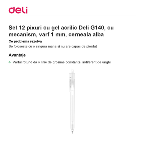 Set 12 pixuri cu gel acrilic Deli G140, cu mecanism, varf 1 mm, cerneala alba [1]
