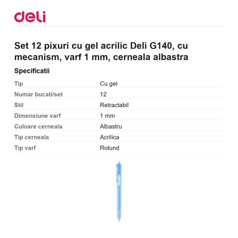 Set 12 pixuri cu gel acrilic Deli G140, cu mecanism, varf 1 mm, cerneala albastra [2]
