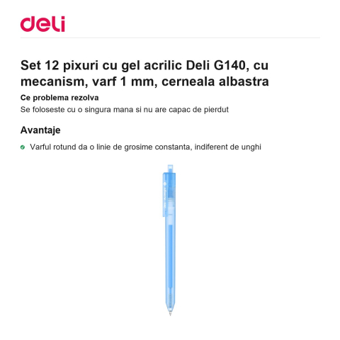 Set 12 pixuri cu gel acrilic Deli G140, cu mecanism, varf 1 mm, cerneala albastra [1]