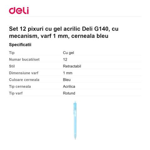 Set 12 pixuri cu gel acrilic Deli G140, cu mecanism, varf 1 mm, cerneala bleu [2]