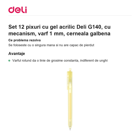 Set 12 pixuri cu gel acrilic Deli G140, cu mecanism, varf 1 mm, cerneala galbena [1]