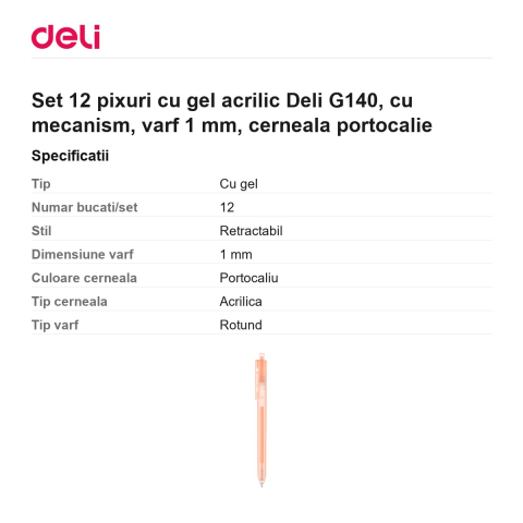 Set 12 pixuri cu gel acrilic Deli G140, cu mecanism, varf 1 mm, cerneala portocalie [2]