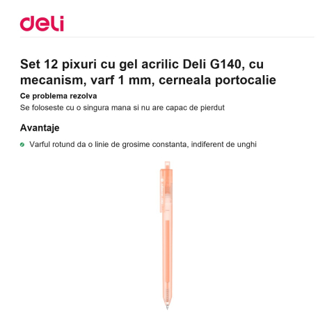 Set 12 pixuri cu gel acrilic Deli G140, cu mecanism, varf 1 mm, cerneala portocalie [1]