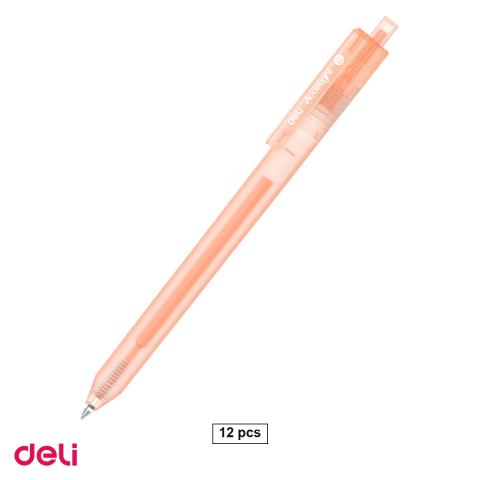 Birotica papetarie - Set 12 pixuri cu gel acrilic Deli G140, cu mecanism, varf 1 mm, cerneala portocalie
