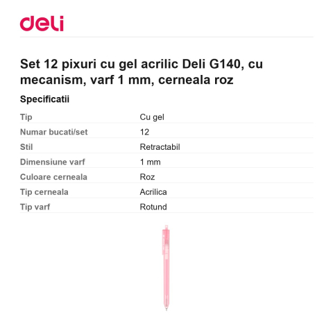 Set 12 pixuri cu gel acrilic Deli G140, cu mecanism, varf 1 mm, cerneala roz [2]