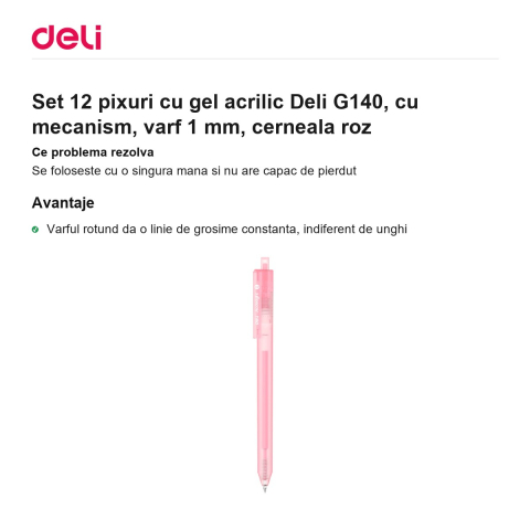 Set 12 pixuri cu gel acrilic Deli G140, cu mecanism, varf 1 mm, cerneala roz [1]