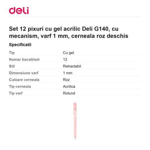 Set 12 pixuri cu gel acrilic Deli G140, cu mecanism, varf 1 mm, cerneala roz deschis [2]