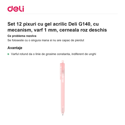 Set 12 pixuri cu gel acrilic Deli G140, cu mecanism, varf 1 mm, cerneala roz deschis [1]