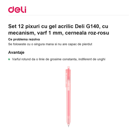 Set 12 pixuri cu gel acrilic Deli G140, cu mecanism, varf 1 mm, cerneala roz-rosu [1]