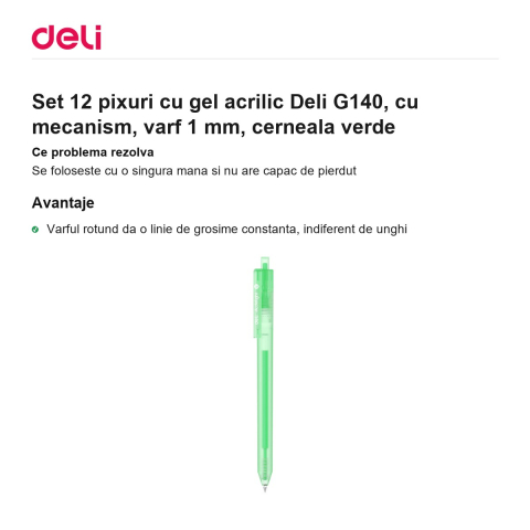 Set 12 pixuri cu gel acrilic Deli G140, cu mecanism, varf 1 mm, cerneala verde [1]