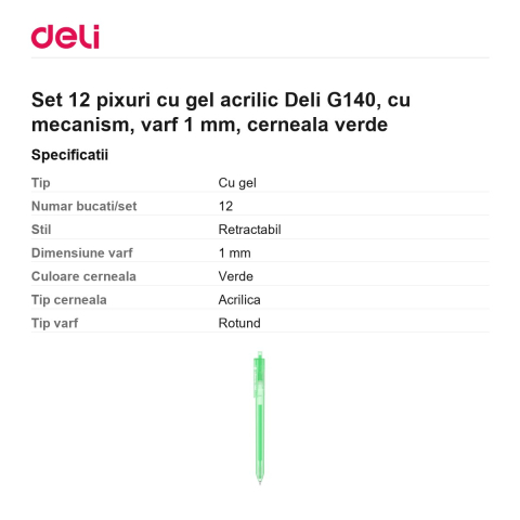 Set 12 pixuri cu gel acrilic Deli G140, cu mecanism, varf 1 mm, cerneala verde [2]