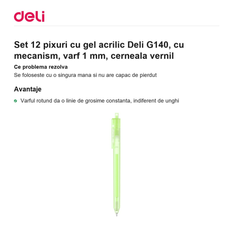 Set 12 pixuri cu gel acrilic Deli G140, cu mecanism, varf 1 mm, cerneala vernil [1]