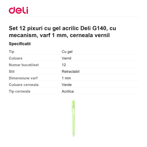Set 12 pixuri cu gel acrilic Deli G140, cu mecanism, varf 1 mm, cerneala vernil [2]